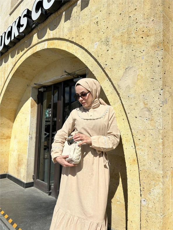 Edna Yakası Nakış Detaylı Elbise - 71094.026 - Bej