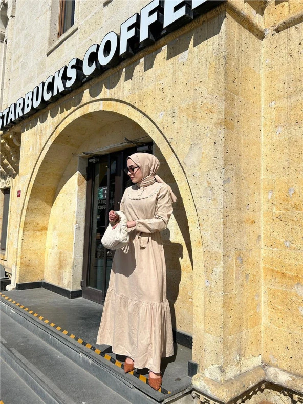 Edna Yakası Nakış Detaylı Elbise - 71094.026 - Bej - 2