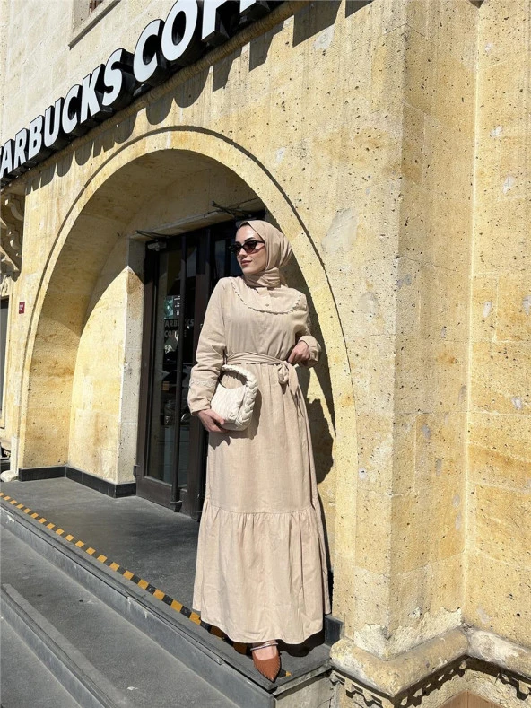 Edna Yakası Nakış Detaylı Elbise - 71094.026 - Bej - 3