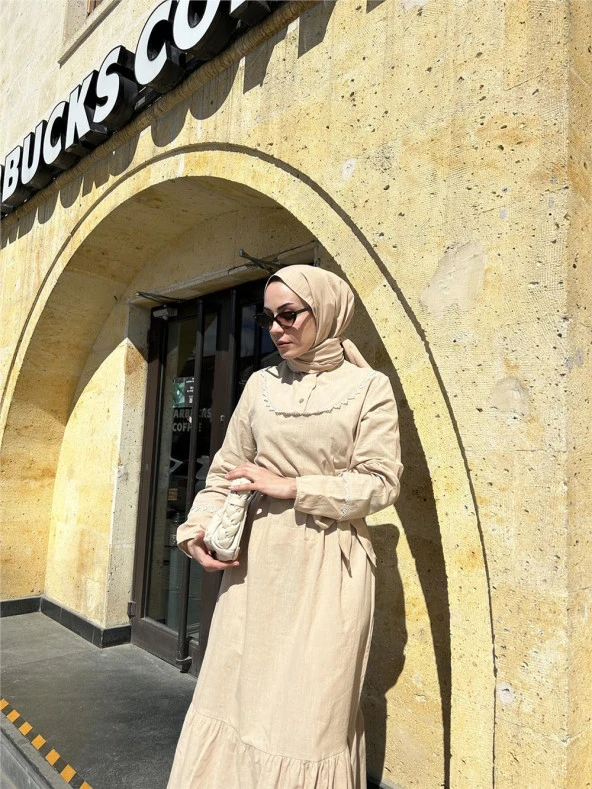 Edna Yakası Nakış Detaylı Elbise - 71094.026 - Bej - 4