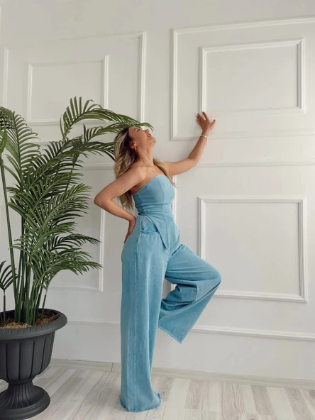 Kadın Yıkamalı Gabardin Kumaş Straplez Bustiyer Ve Pantolon İkili Takım - 7