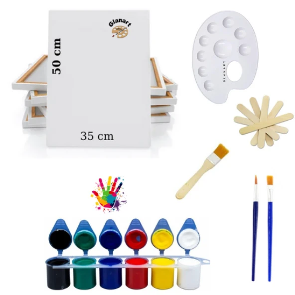 6 renk akrilik boya seti 35x50 tuval ipek fırça seti 6x20 ml boya çubuklu ürün görseli 1