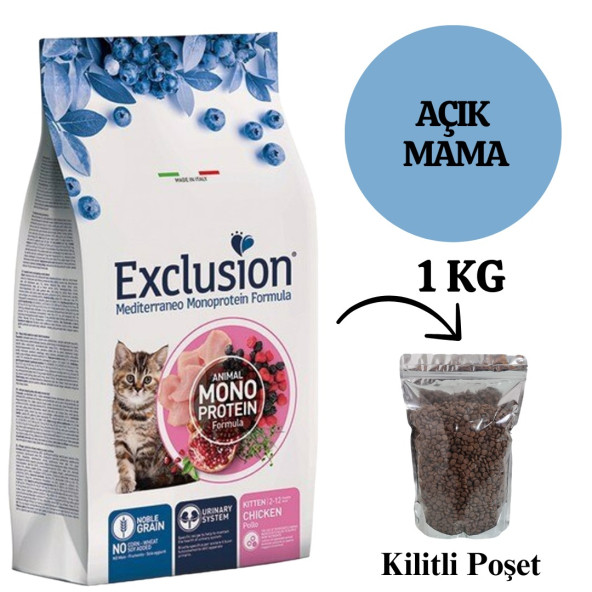 Exclusion Düşük Tahıllı Monoprotein Kitten Tavuklu 1 kg Yavru Kedi Maması - Açık Paket