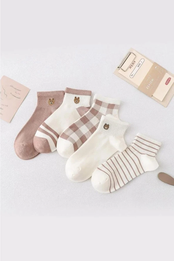 5 Çift Sevimli kahve Desenli Kadın/kız çorap dikişli ayak bileği düşük kesim genç Çorabı  36-40 - Resim 2