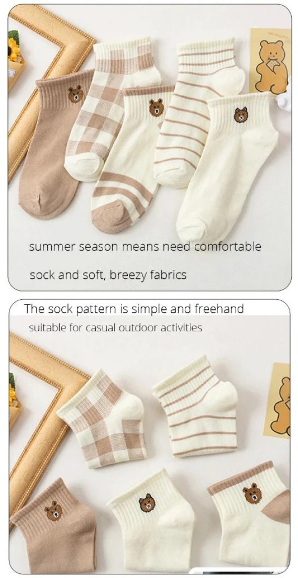 5 Çift Sevimli kahve Desenli Kadın/kız çorap dikişli ayak bileği düşük kesim genç Çorabı  36-40 - Resim 3