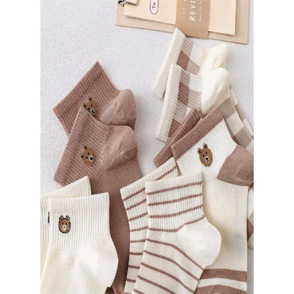 5 Çift Sevimli kahve Desenli Kadın/kız çorap dikişli ayak bileği düşük kesim genç Çorabı  36-40 - Resim 5