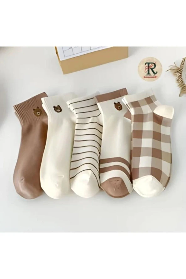 5 Çift Sevimli kahve Desenli Kadın/kız çorap dikişli ayak bileği düşük kesim genç Çorabı  36-40 - Resim 7