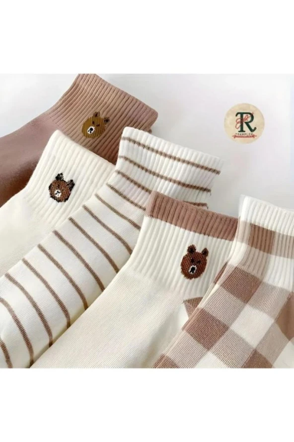 5 Çift Sevimli kahve Desenli Kadın/kız çorap dikişli ayak bileği düşük kesim genç Çorabı  36-40 - Resim 8