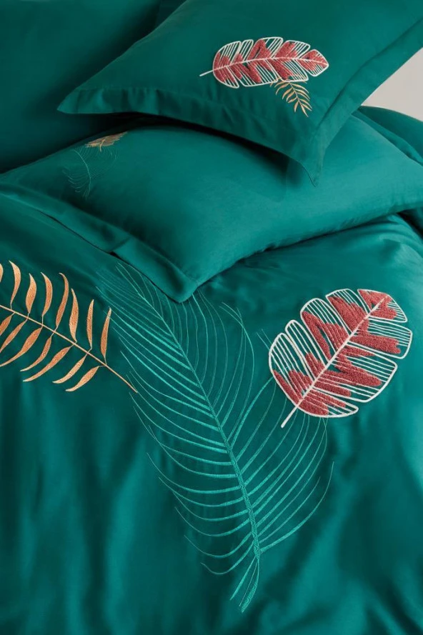 Talia Nakışlı %100 Pamuk Saten Çift Kişilik Nevresim Takımı Yeşil - Resim 3