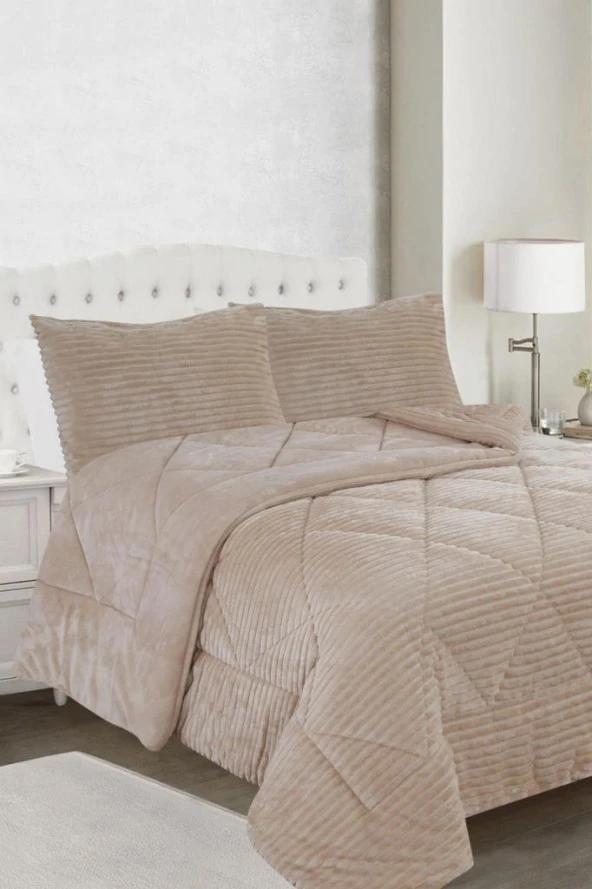 Ece Stripe Çift Kişilik Pelüş Yatak Örtüsü Bej ürün görseli