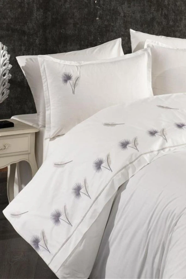 Palmiye Nakışlı %100 Pamuk Çift Kişilik Nevresim Takımı Gri ürün görseli