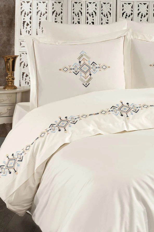 Alya Nakışlı Çift Kişilik Nevresim Takımı Krem - Lacivert - Resim 2