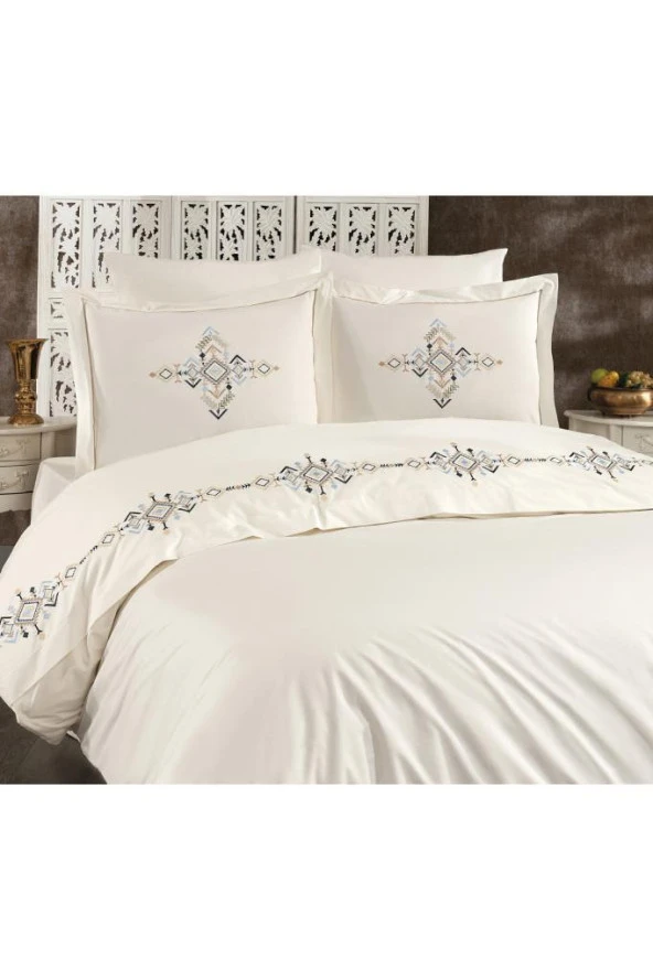 Alya Nakışlı Çift Kişilik Nevresim Takımı Krem - Lacivert - Resim 3