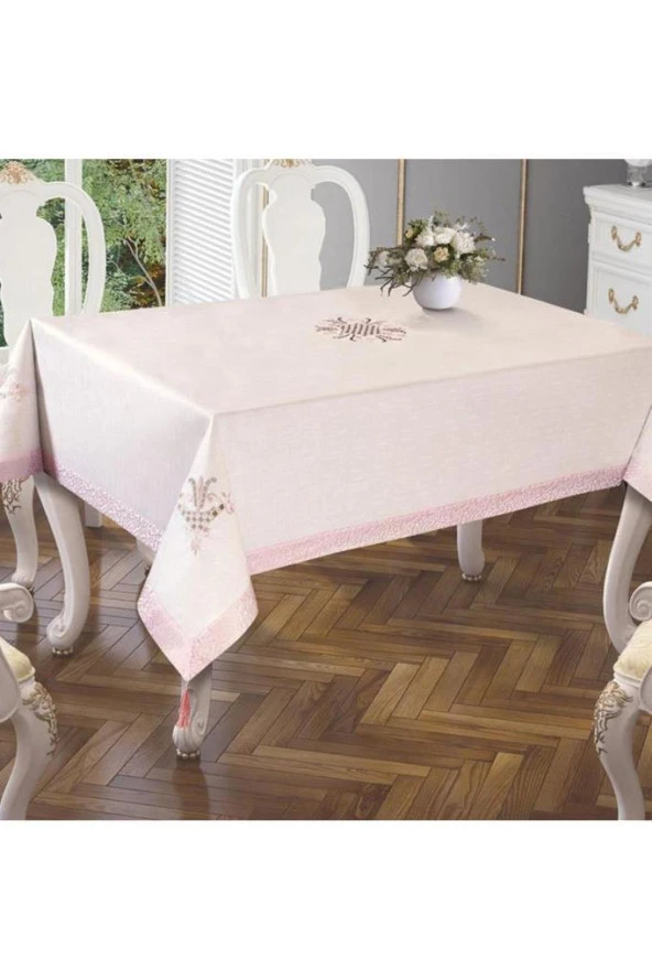 Lale Nakışlı Masa Örtüsü Krem Pudra 160x260cm - 2
