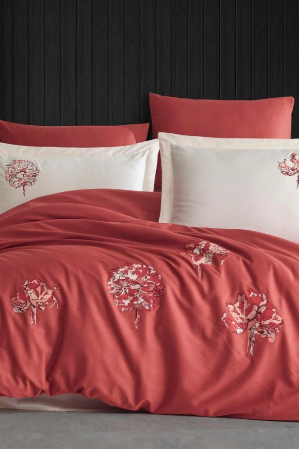 Root Nakışlı %100 Pamuk Saten Çift Kişilik Nevresim Takımı Kiremit ürün görseli