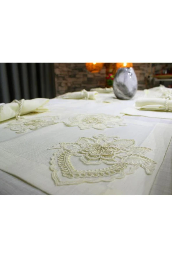 Fransız Dantelli El İşi Menekşe 34 Parça Amerikan Servis Seti Krem - Resim 4