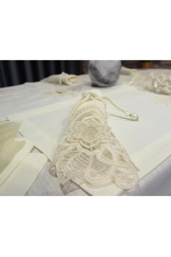 Fransız Dantelli El İşi Menekşe 34 Parça Amerikan Servis Seti Krem - Resim 6