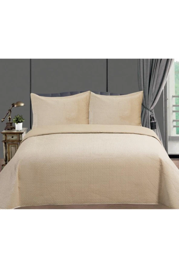 Toskana Çift Kişilik Lüks Kadife Yatak Örtüsü Bej - Resim 2