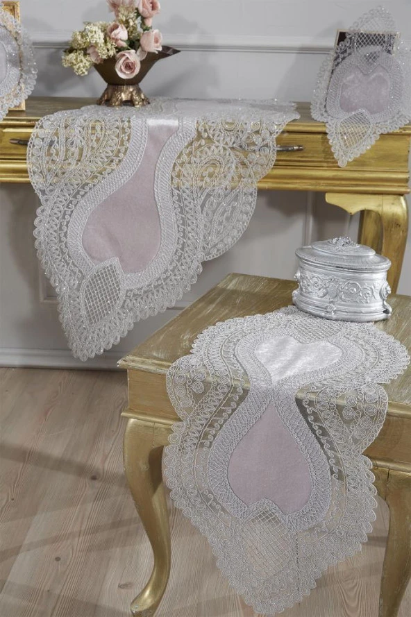 Fransız Güpürlü Kadife Yağmur Salon Takımı 5 Parça Gri - Resim 2