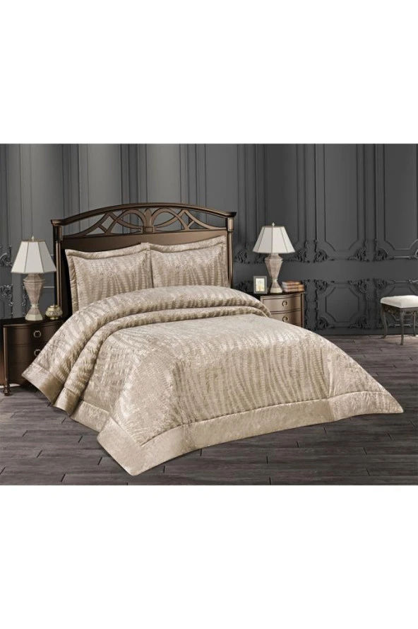 Arbel Jakarlı Kadife Çift Kişilik Yatak Örtüsü Cappucino - Resim 2