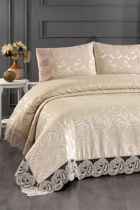 Çeyiz Diyarı Şal 3 Parça Çift Kişilik Yatak Örtüsü Bej ürün görseli