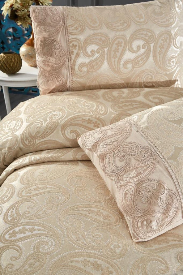 Çeyiz Diyarı Şal 3 Parça Çift Kişilik Yatak Örtüsü Bej - Resim 7