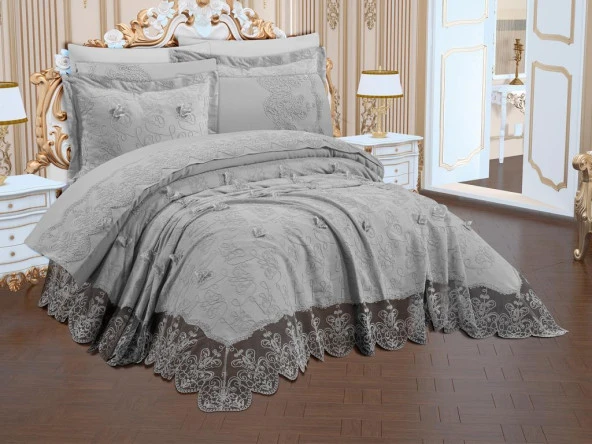 Manavgat 6 Parça Şönil Nakışlı Pike Takımı Gri ürün görseli