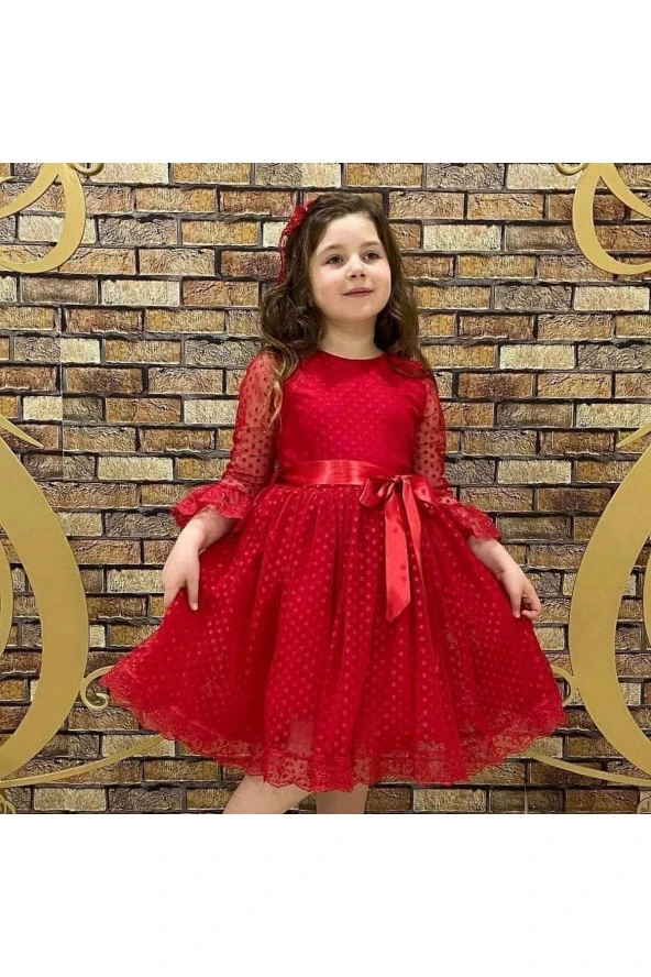 Mini Puantiye Fırfır Dantelli Kırmızı Kız Çocuk Elbise