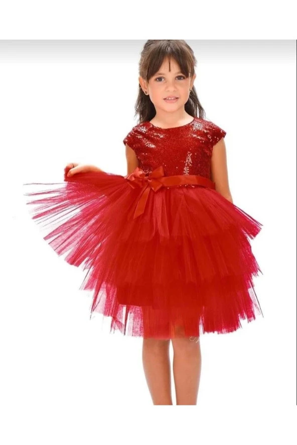 Kız Çocuk Üstü Pulpayet İşlemeli Katkat Kırmızı Elbise