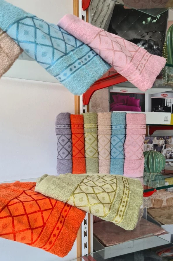 Baklava Desenli Jakarlı 6 lı El Yüz Havlu Takımı - 7