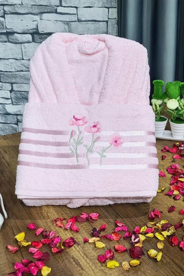 Çiçek Bayan Bornoz Seti Pudra - 3