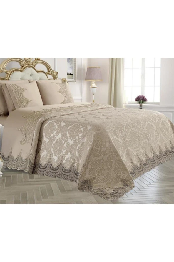 Fransız Güpürlü Çeyizlik Gelin Seti Arus 7 Parça Bej - Resim 3