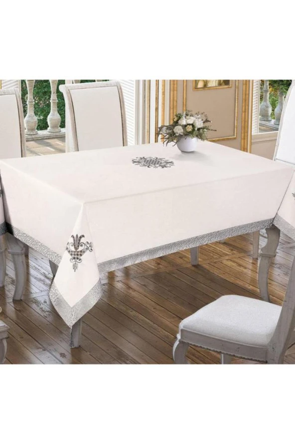 Lale Nakışlı Masa Örtüsü Krem Gri 160x260cm - Resim 2