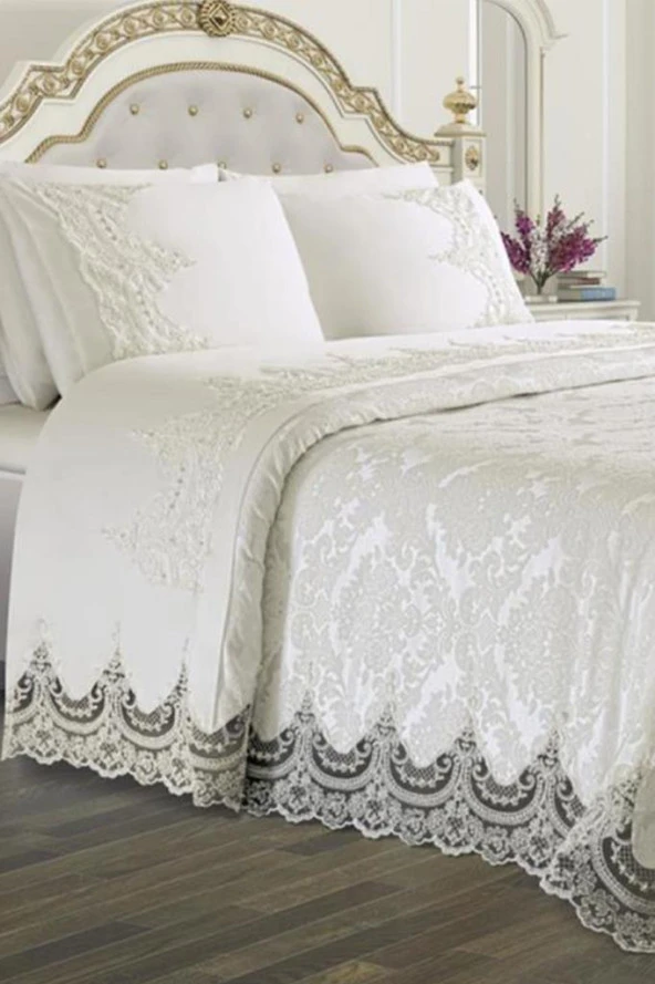 Fransız Güpürlü Çeyizlik Gelin Seti Arus 7 Parça Krem - Resim 2