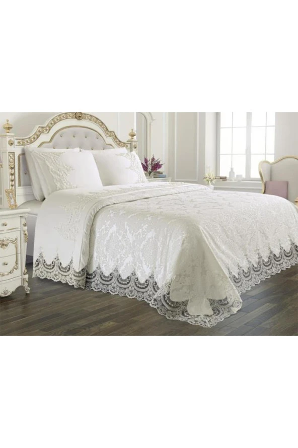 Fransız Güpürlü Çeyizlik Gelin Seti Arus 7 Parça Krem - Resim 3