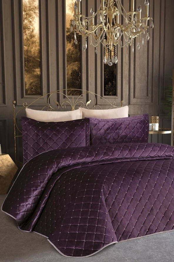 Dessert Kadife Çift Kişilik Yatak Örtüsü Mürdüm - Resim 2