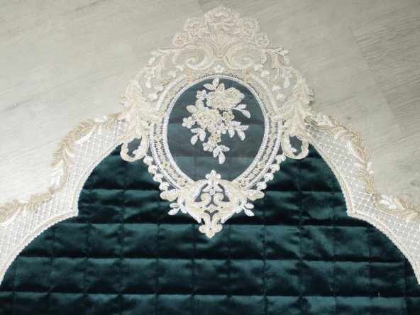 Fransız Güpürlü Minel Kapitoneli Kadife Seccade Yeşil - Resim 2