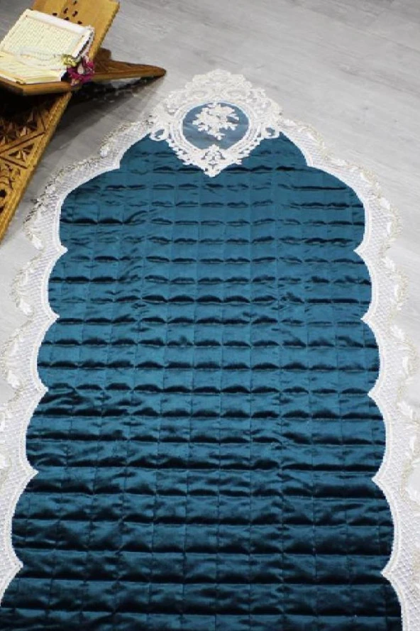 Fransız Güpürlü Minel Kapitoneli Kadife Seccade Yeşil - Resim 5