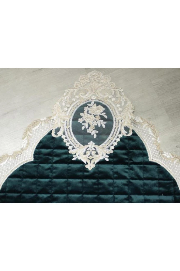 Fransız Güpürlü Minel Kapitoneli Kadife Seccade Yeşil - Resim 6