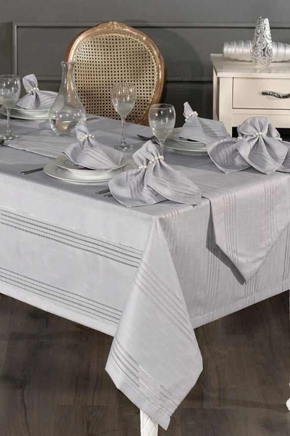 Corvver 26 Parça Dertsiz Masa Örtüsü Takımı Gri - Resim 5