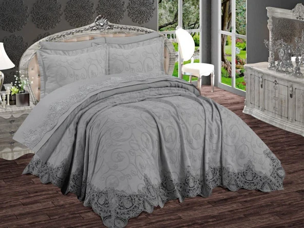 Boğaziçi 6 Parça Şönil Nakışlı Pike Takımı Gri ürün görseli