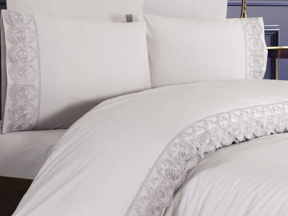 Fransız Dantelli Kure Çeyizlik Nevresim Takımı Gri - Resim 2