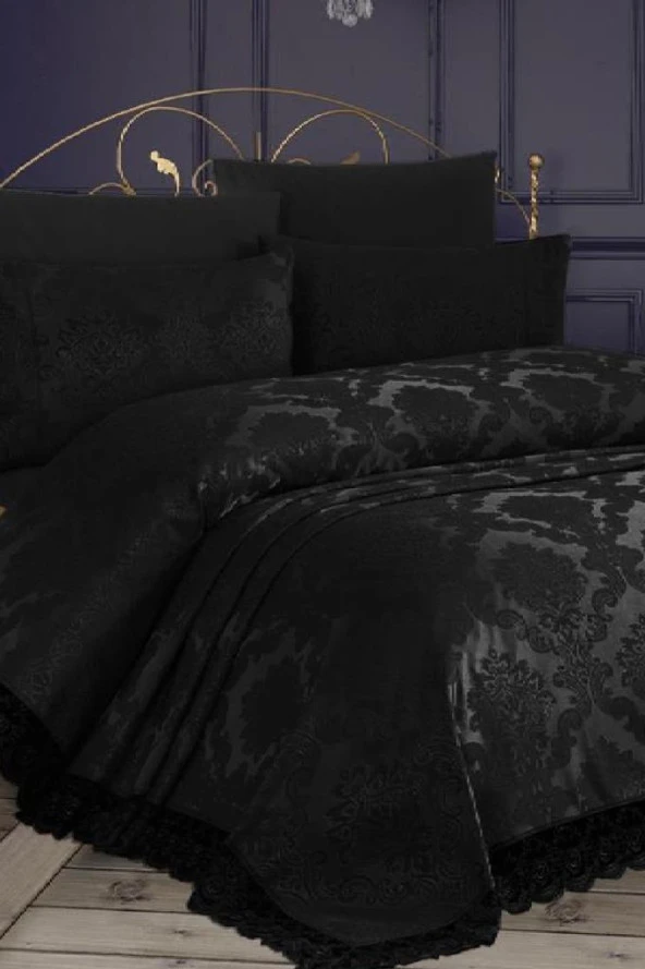 Fransız Dantelli Kure Yatak Örtüsü Siyah - Resim 2