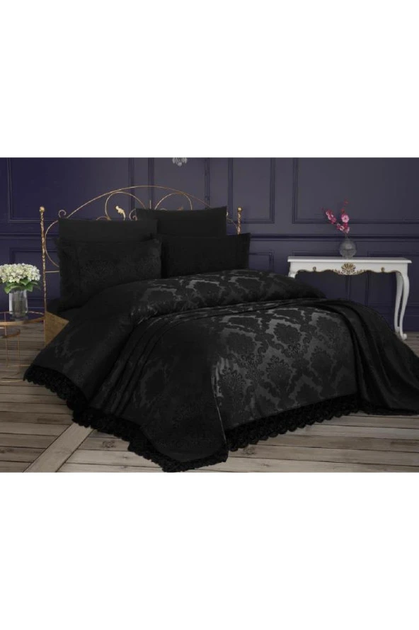 Fransız Dantelli Kure Yatak Örtüsü Siyah - Resim 3