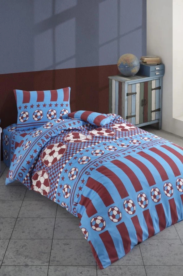 Bordo Mavi Taraftar Desenli Tek Kişilik Nevresim Takımı