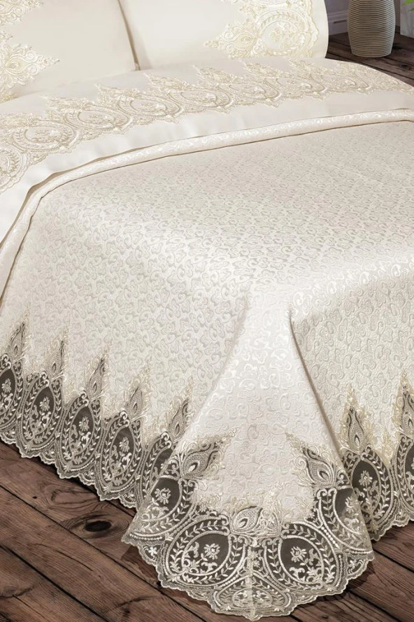 İlayda Fransız Güpürlü Brokar Pike Takımı Krem - Resim 6