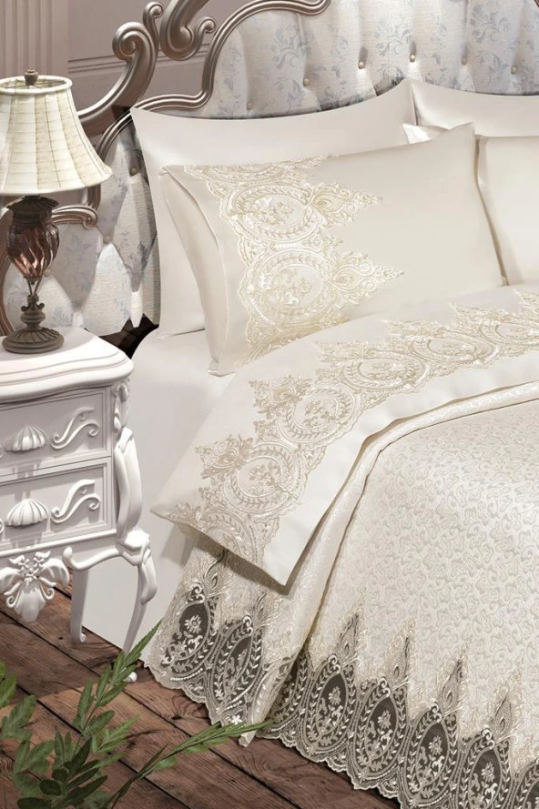 İlayda Fransız Güpürlü Brokar Pike Takımı Krem - Resim 7