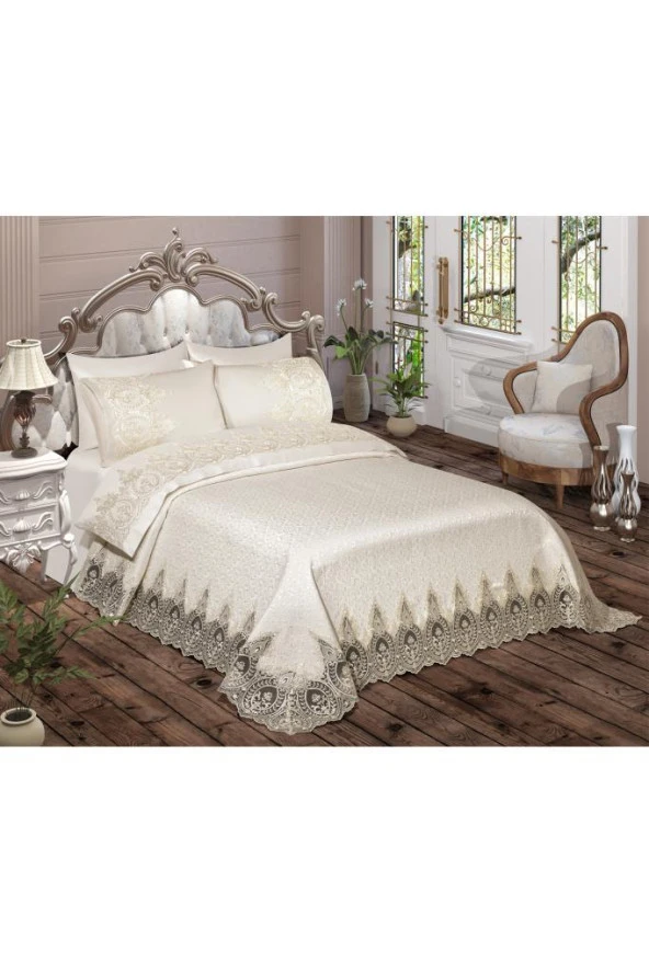 İlayda Fransız Güpürlü Brokar Pike Takımı Krem - Resim 8