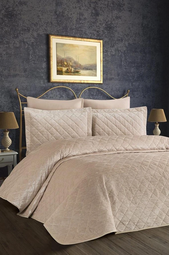 Dessert Kadife Çift Kişilik Yatak Örtüsü Bej - Resim 2