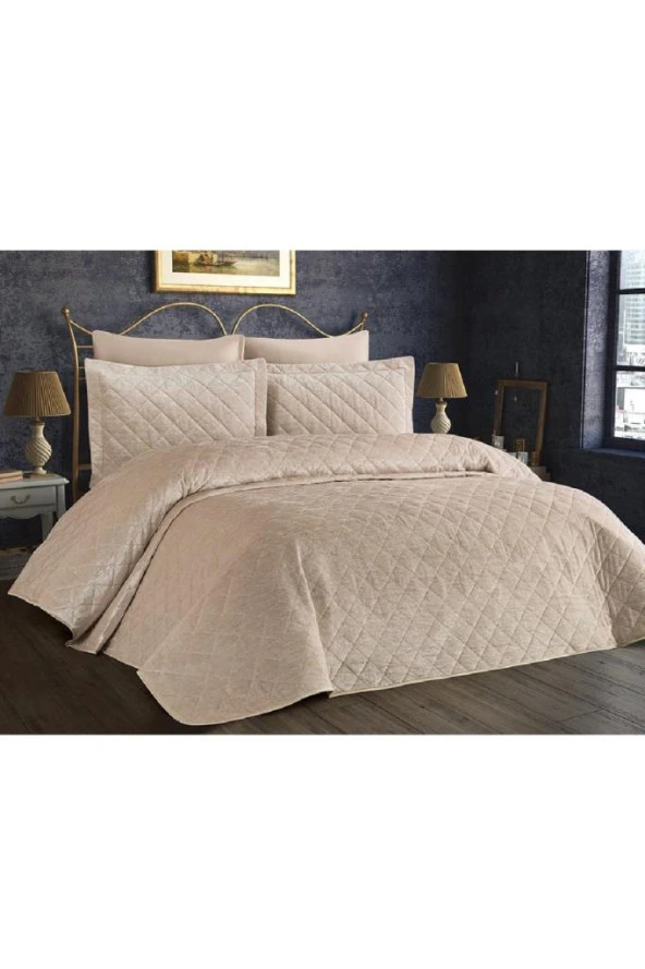 Dessert Kadife Çift Kişilik Yatak Örtüsü Bej - Resim 3